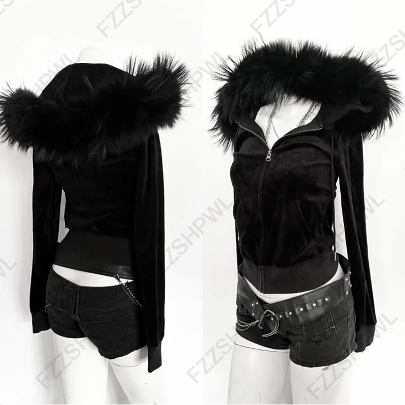 2026 Fall Winter Gothic Y2K Women's Hoodie Sexy Slim Casual Chic Fur Collar Cardigan Sweatshirt Grunge Harajuku Gyaru Streetwear