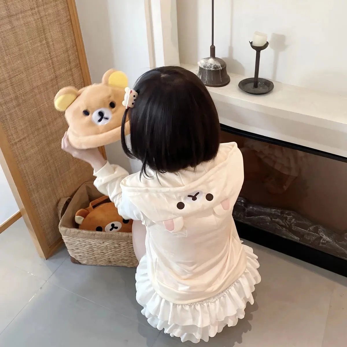 Kawaii Bear Ear Zip Up Hoodie Women Cartoon Face Long Sleeve Loose Fit White Brown Hooded Sweatshirt Autumn Winter Casual Jacket