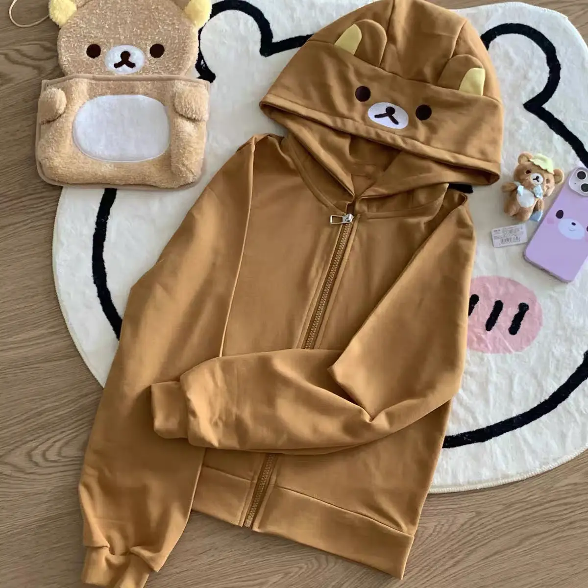 Kawaii Bear Ear Zip Up Hoodie Women Cartoon Face Long Sleeve Loose Fit White Brown Hooded Sweatshirt Autumn Winter Casual Jacket