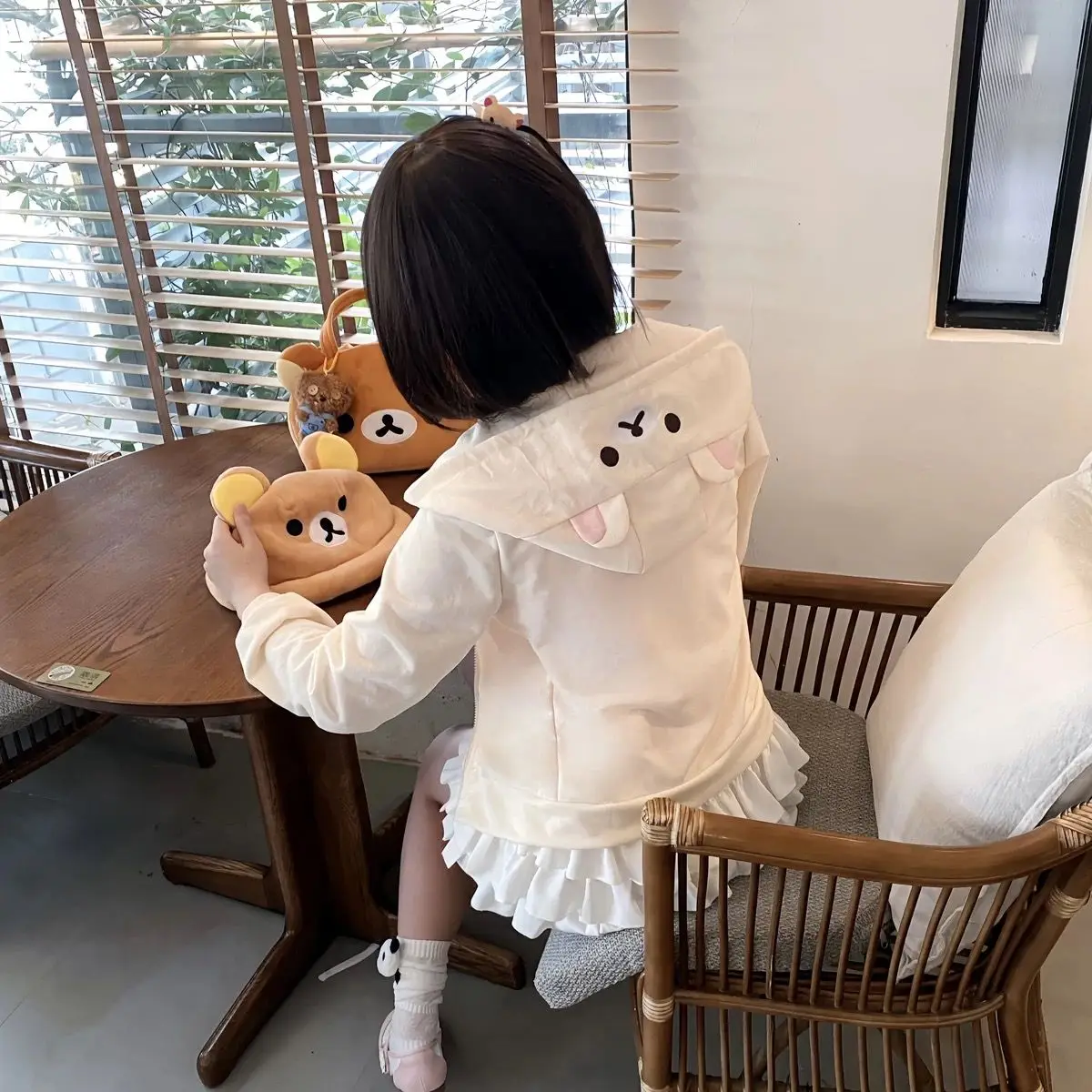 Kawaii Bear Ear Zip Up Hoodie Women Cartoon Face Long Sleeve Loose Fit White Brown Hooded Sweatshirt Autumn Winter Casual Jacket