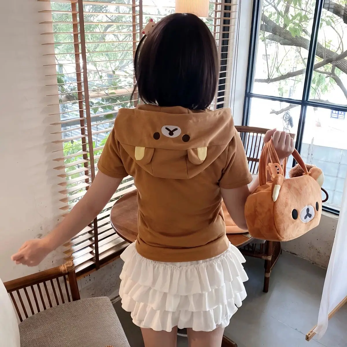 Kawaii Bear Ear Zip Up Hoodie Women Cartoon Face Long Sleeve Loose Fit White Brown Hooded Sweatshirt Autumn Winter Casual Jacket