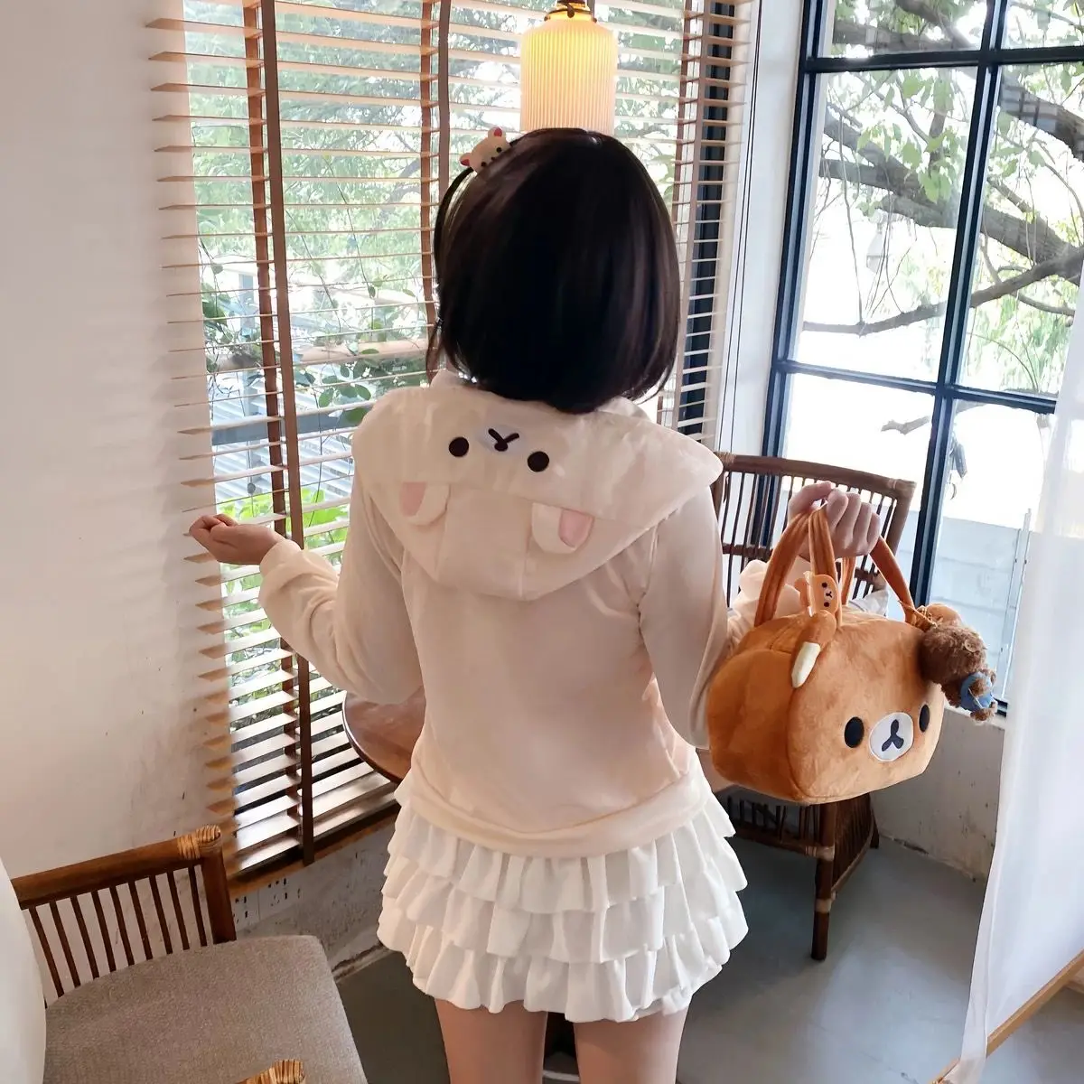 Kawaii Bear Ear Zip Up Hoodie Women Cartoon Face Long Sleeve Loose Fit White Brown Hooded Sweatshirt Autumn Winter Casual Jacket