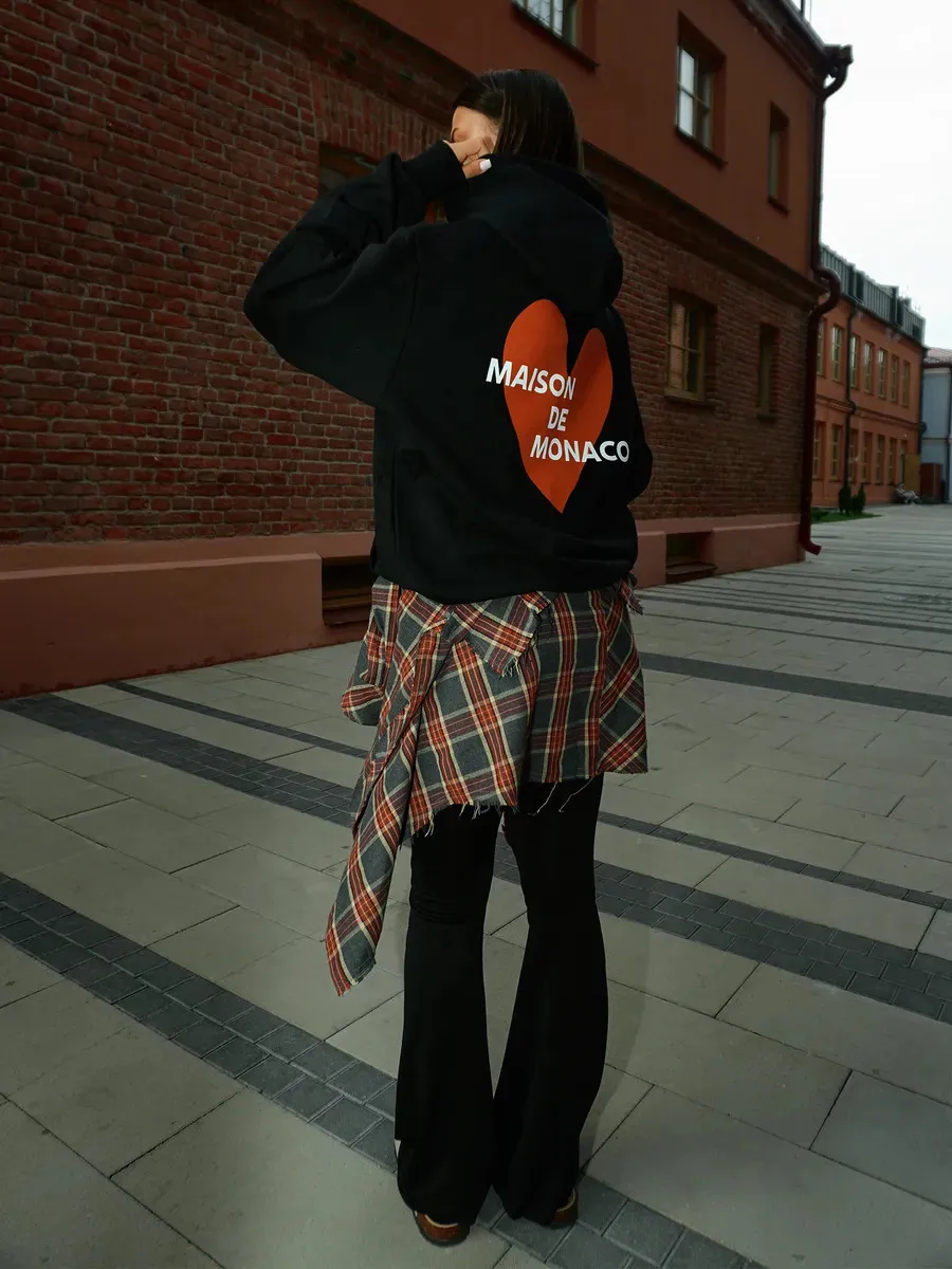 Large Size Trendy French Retro Cute Letters Hoodie for Women Oversized Heart Graphic Pullover Sweatshirt Gray & Black Streetwear