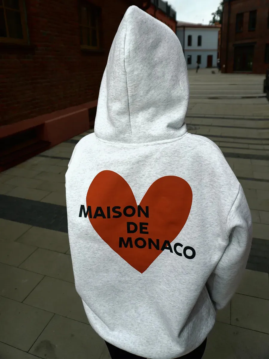 Large Size Trendy French Retro Cute Letters Hoodie for Women Oversized Heart Graphic Pullover Sweatshirt Gray & Black Streetwear