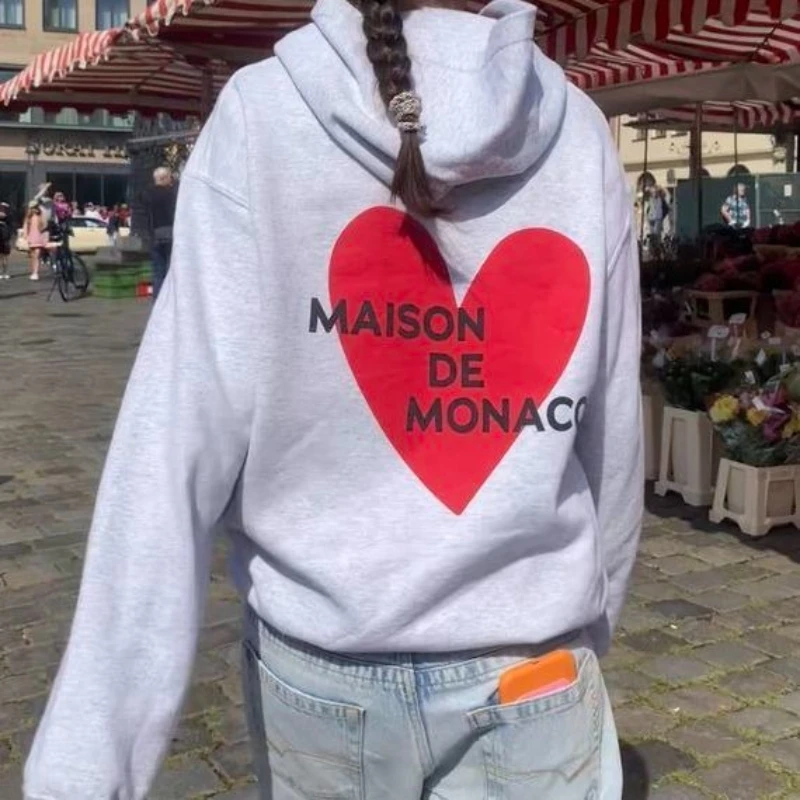 Large Size Trendy French Retro Cute Letters Hoodie for Women Oversized Heart Graphic Pullover Sweatshirt Gray & Black Streetwear