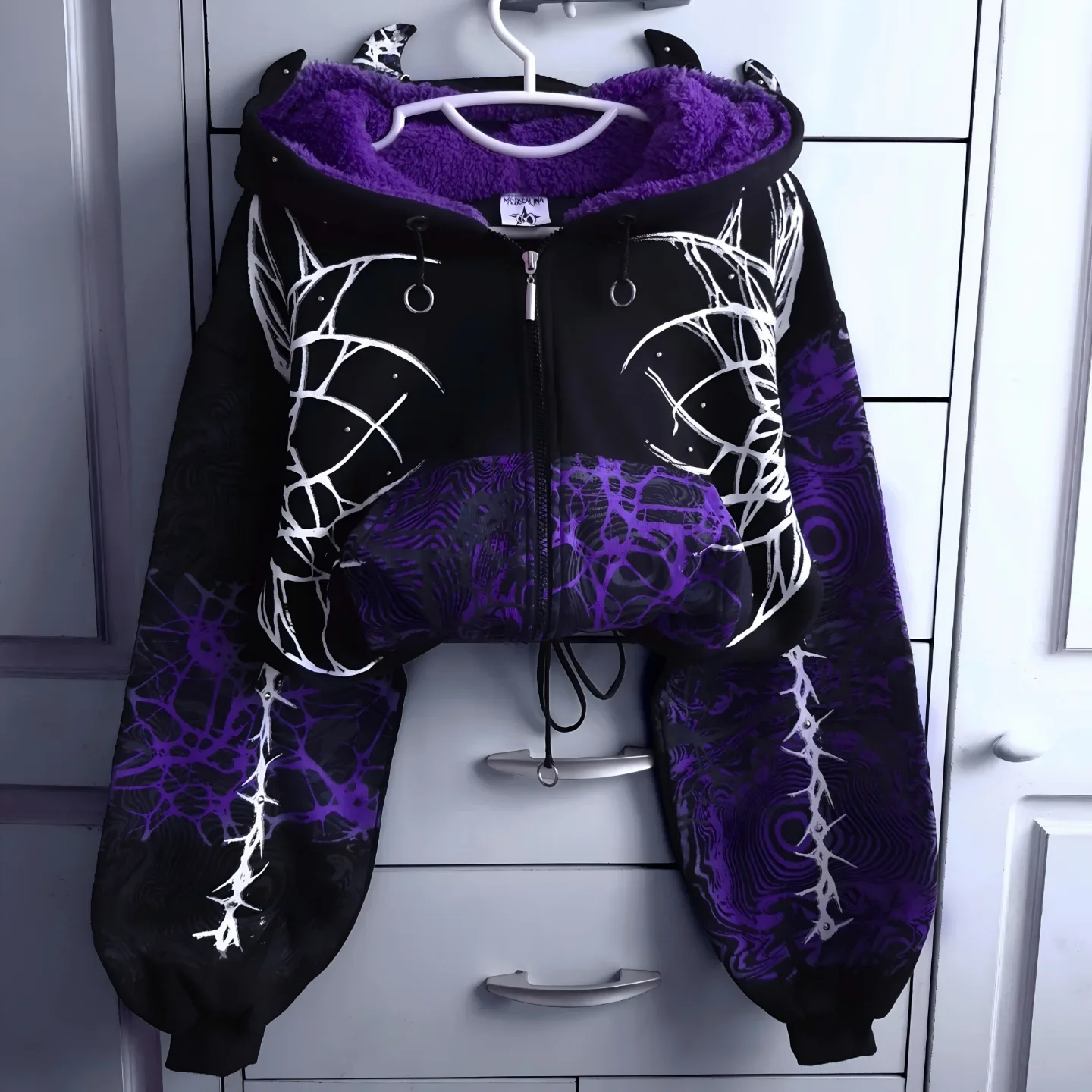 Gothic Devil Horn Fur Lined Slim Fit Hoodie Womens Blackish Purple Thorn Mesh Print Zipup Hoodie Fashionable Casual Zipup Hoodie