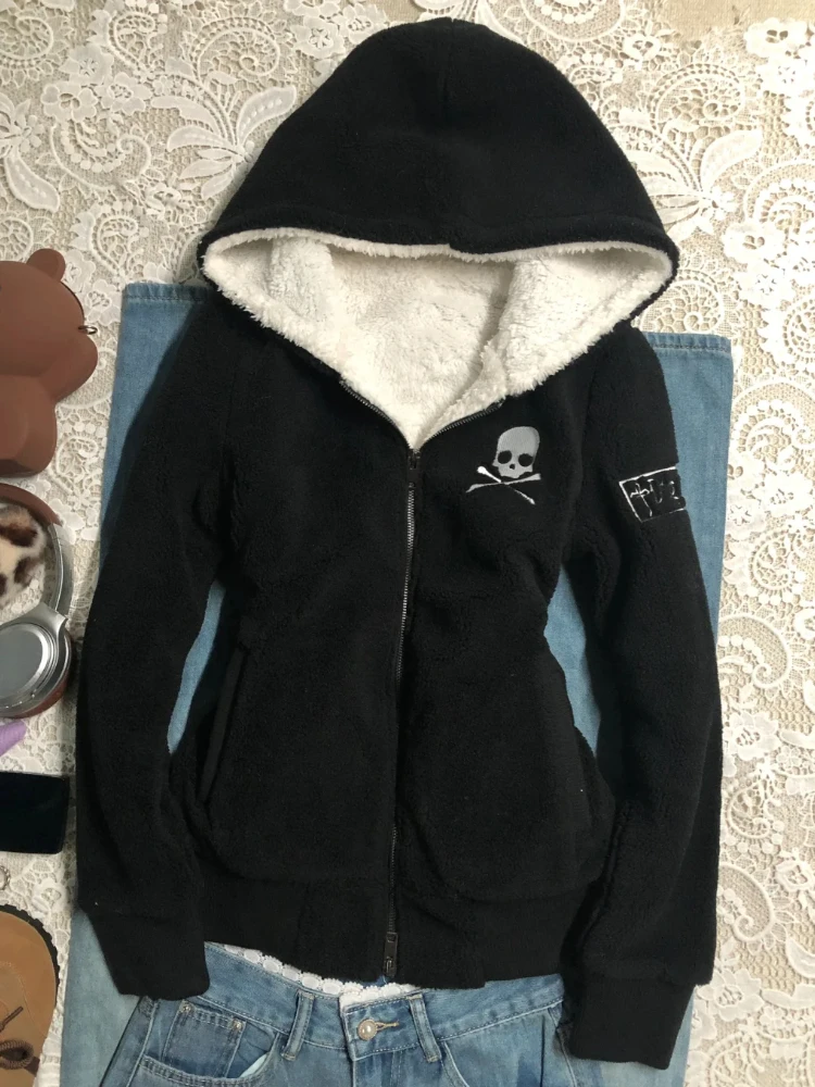 Subculture Cross Y2k Lamb Wool Jackets Women Gothic Hoodies Skull Grunge Zipper Streetwear Harajuku Female Vintage Casual Coat