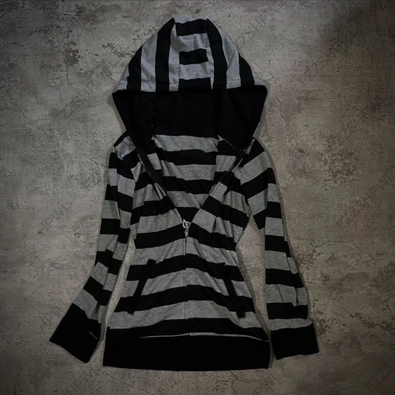 American Retro Vintage Boutique Sweet Strip Print Hooded Sweater Jacket Top Women High Street Subculture Hoodies Cool Y2K Gray