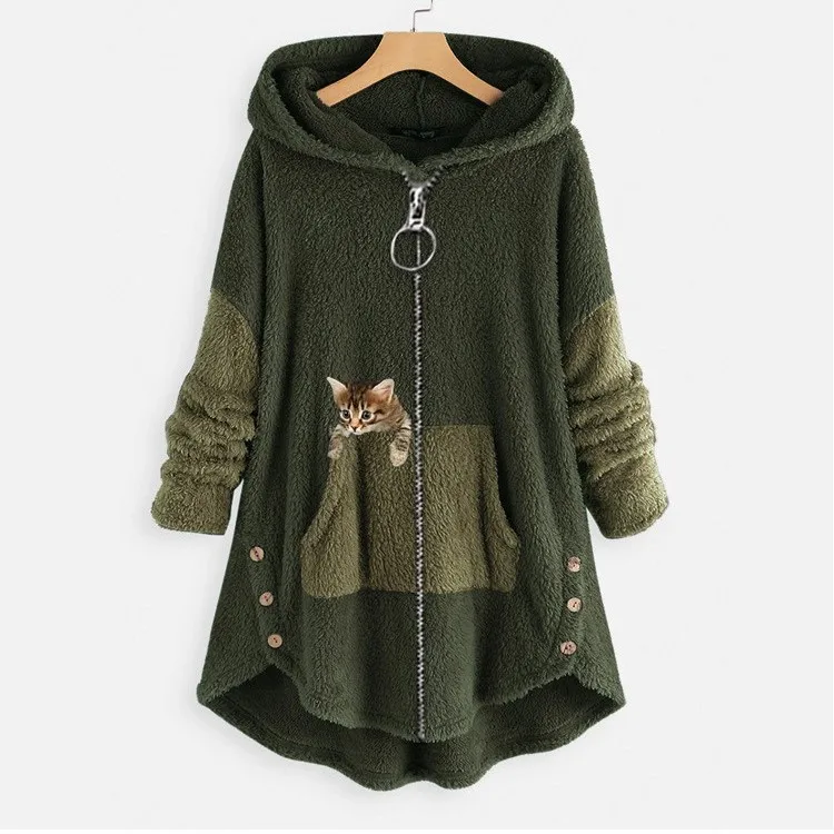Hoodie Coat Jacket Women Hooded sweatshirt Patchwork Cat Print Zipper Thick Overcoat Streetwear Female Autumn Winter Outerwear