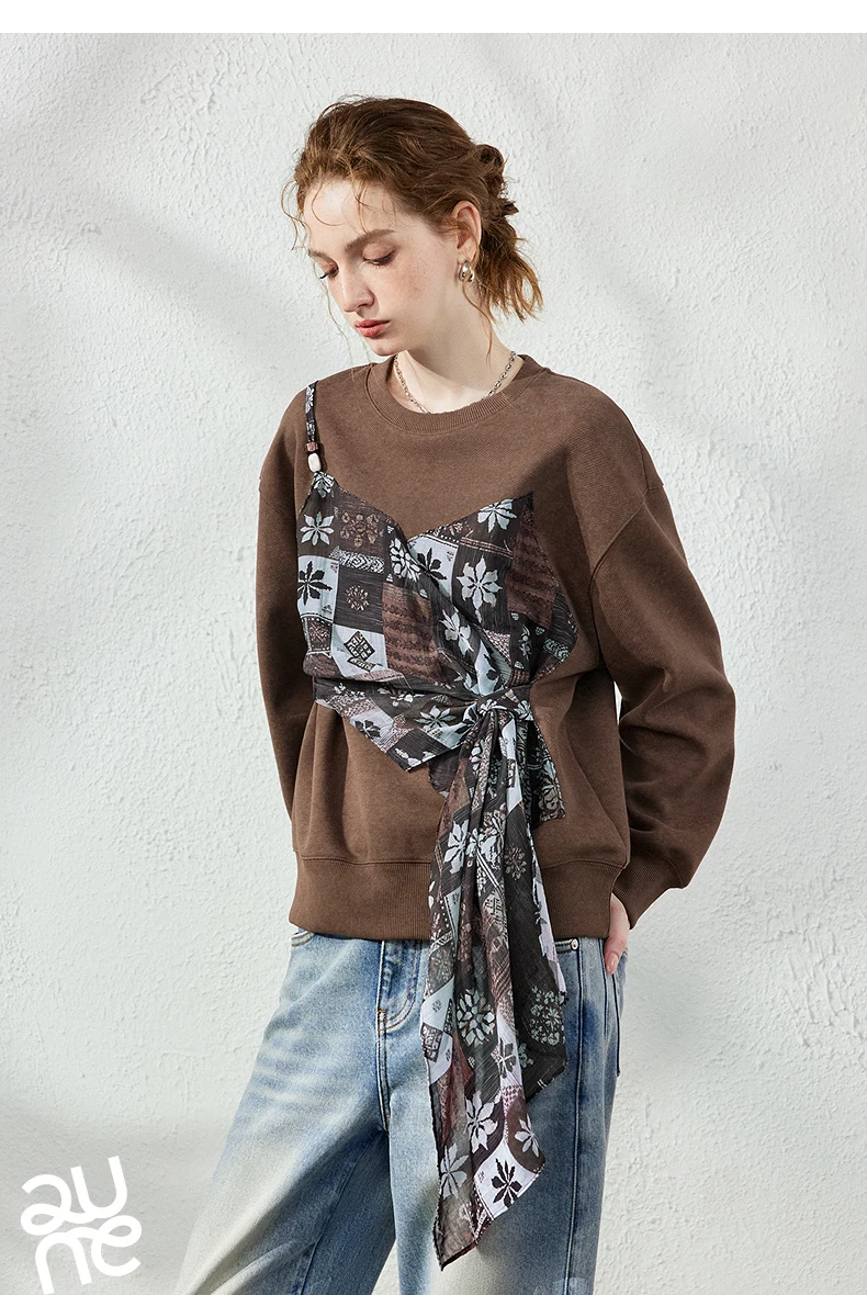 TOYOUTH Women's Fake Two Piece Spliced Sweatshirt Fall 2026 Loose Wrap Design Urban Nomad Retro Pullover Top