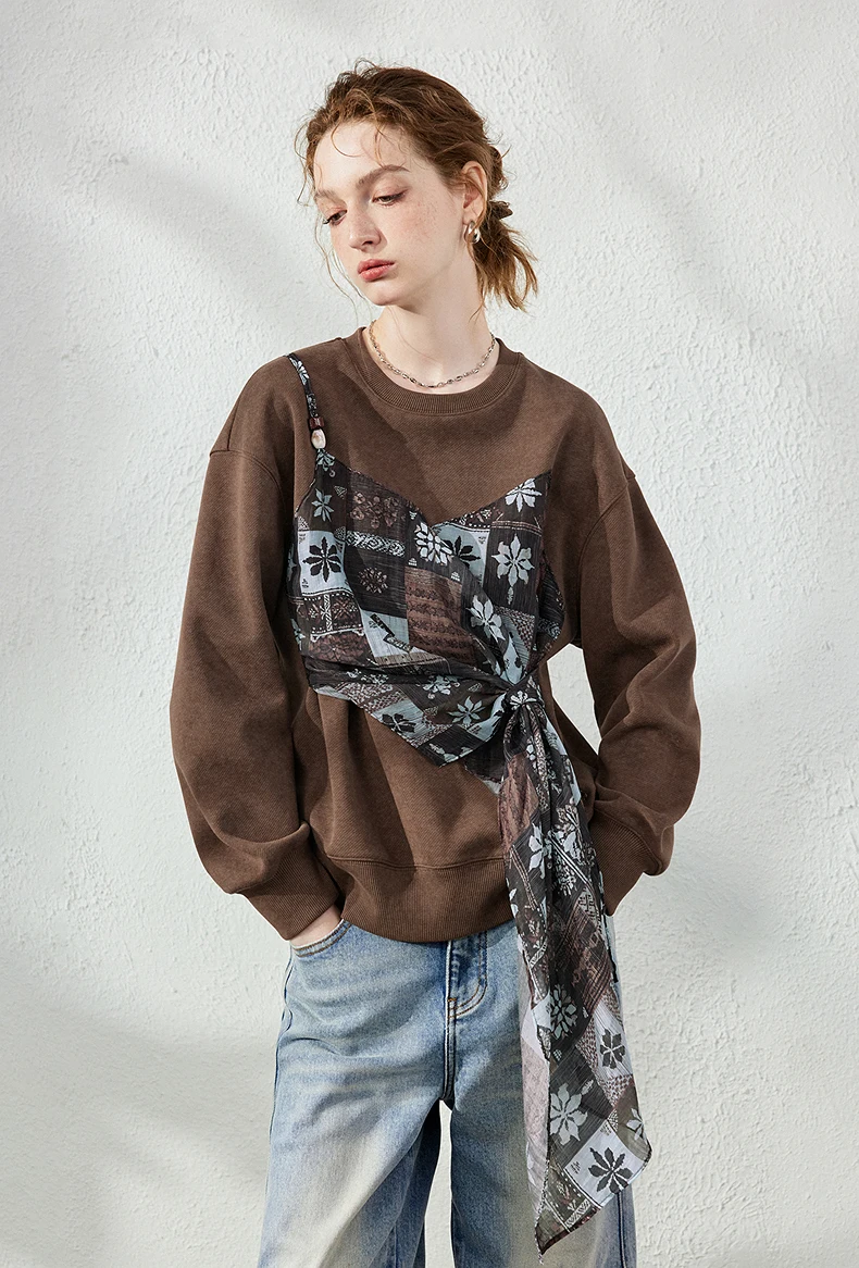 TOYOUTH Women's Fake Two Piece Spliced Sweatshirt Fall 2026 Loose Wrap Design Urban Nomad Retro Pullover Top