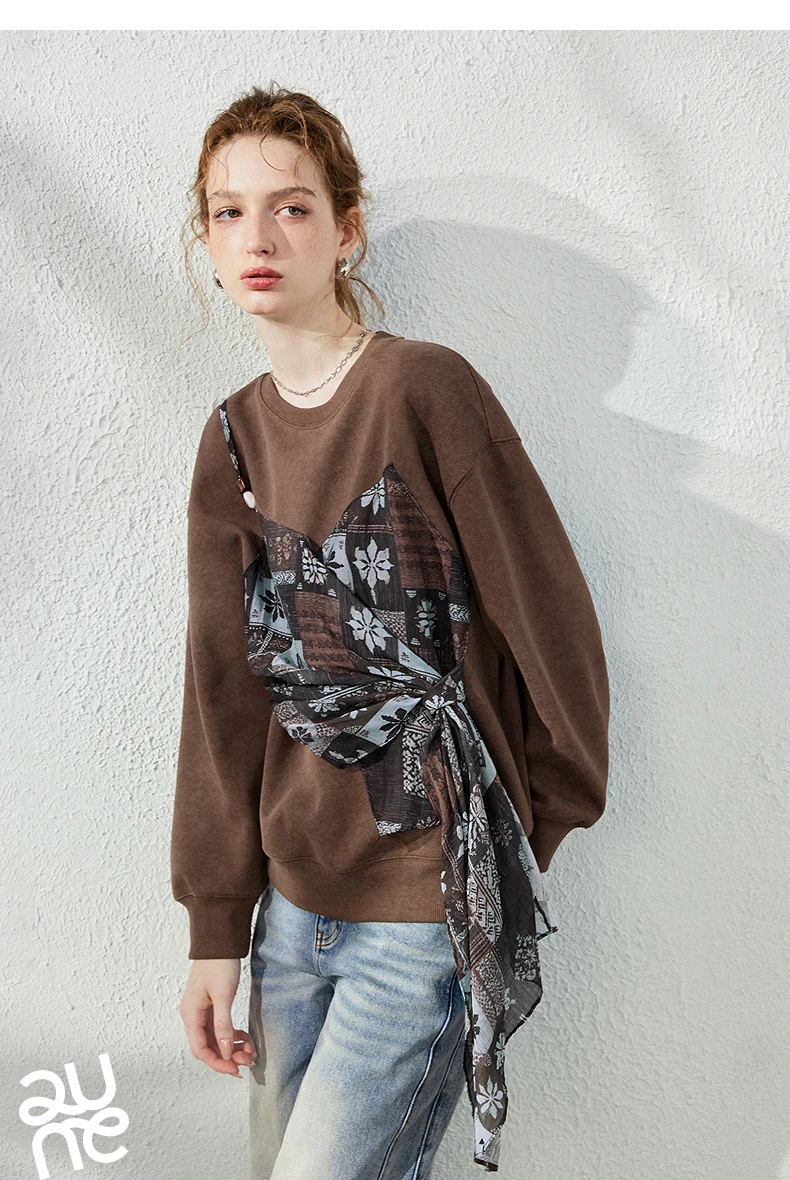 TOYOUTH Women's Fake Two Piece Spliced Sweatshirt Fall 2026 Loose Wrap Design Urban Nomad Retro Pullover Top