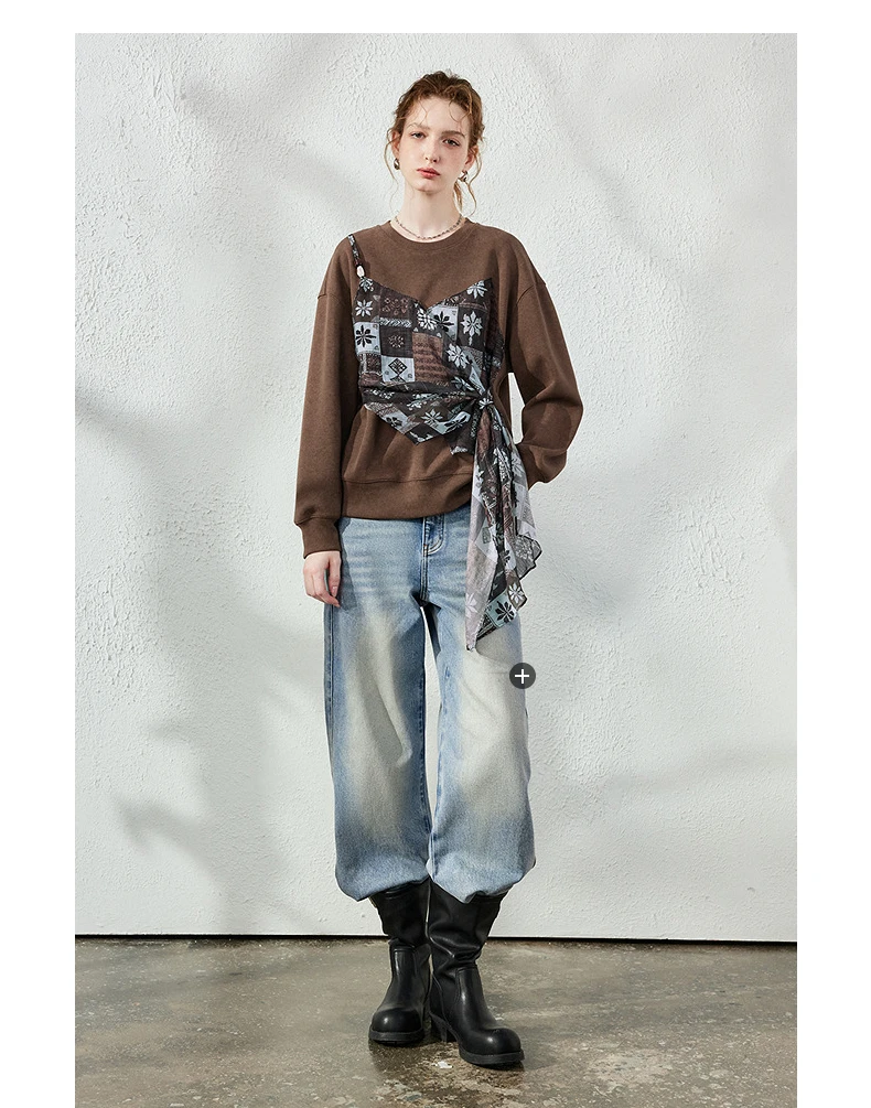 TOYOUTH Women's Fake Two Piece Spliced Sweatshirt Fall 2026 Loose Wrap Design Urban Nomad Retro Pullover Top