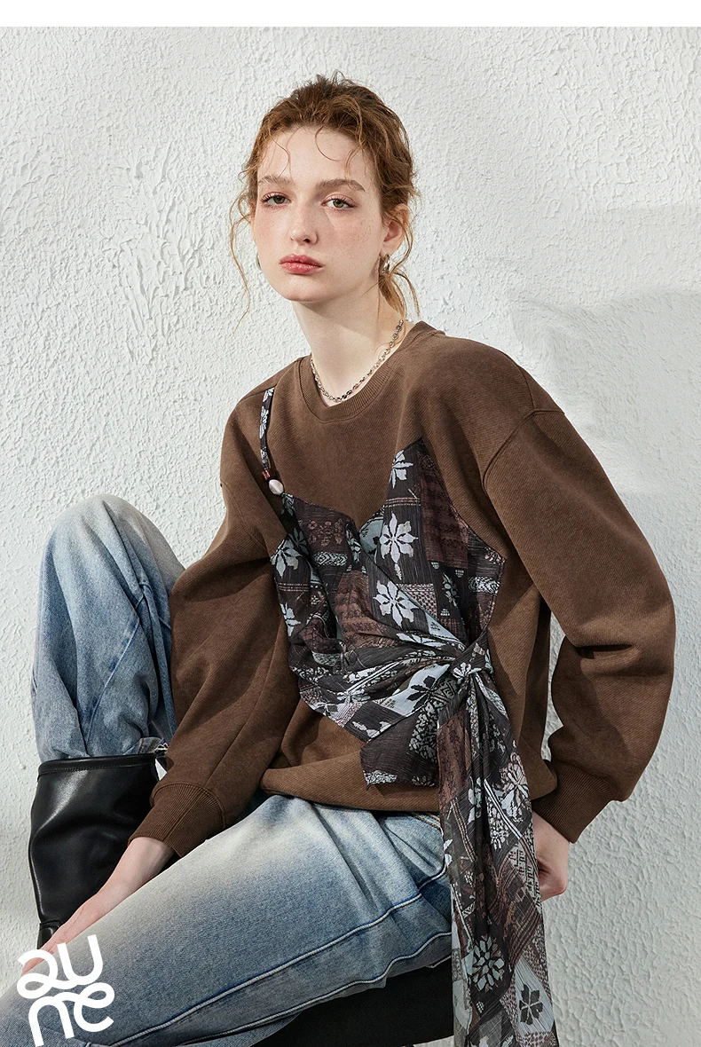 TOYOUTH Women's Fake Two Piece Spliced Sweatshirt Fall 2026 Loose Wrap Design Urban Nomad Retro Pullover Top