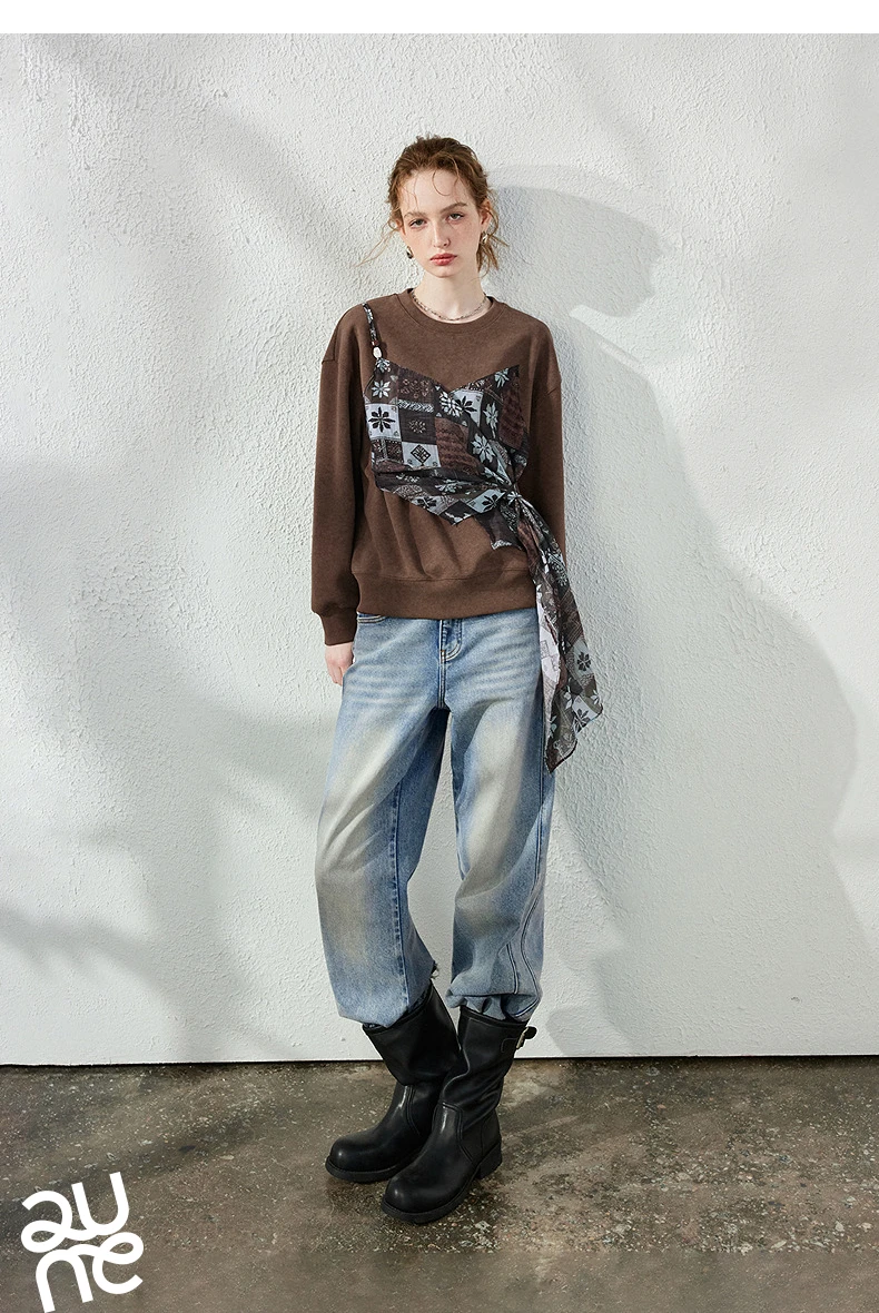TOYOUTH Women's Fake Two Piece Spliced Sweatshirt Fall 2026 Loose Wrap Design Urban Nomad Retro Pullover Top