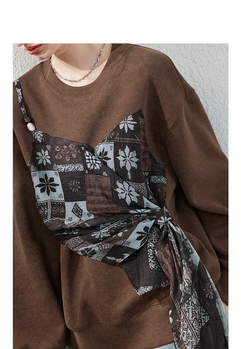 TOYOUTH Women's Fake Two Piece Spliced Sweatshirt Fall 2026 Loose Wrap Design Urban Nomad Retro Pullover Top