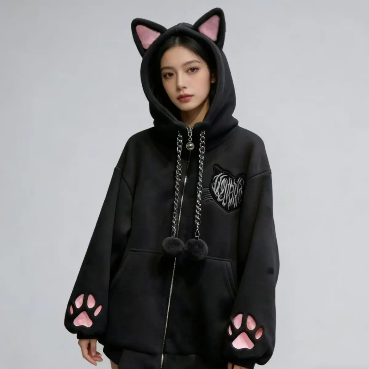 New Velvet Cute Cat Ear Women Hoodie Cat Claw Long Sleeve Coat Black Cat Punk Rock Men and Women Jackets