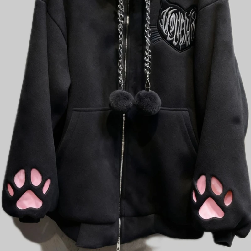 New Velvet Cute Cat Ear Women Hoodie Cat Claw Long Sleeve Coat Black Cat Punk Rock Men and Women Jackets