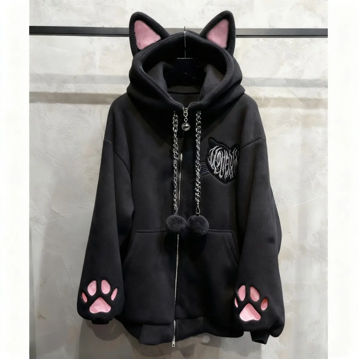New Velvet Cute Cat Ear Women Hoodie Cat Claw Long Sleeve Coat Black Cat Punk Rock Men and Women Jackets