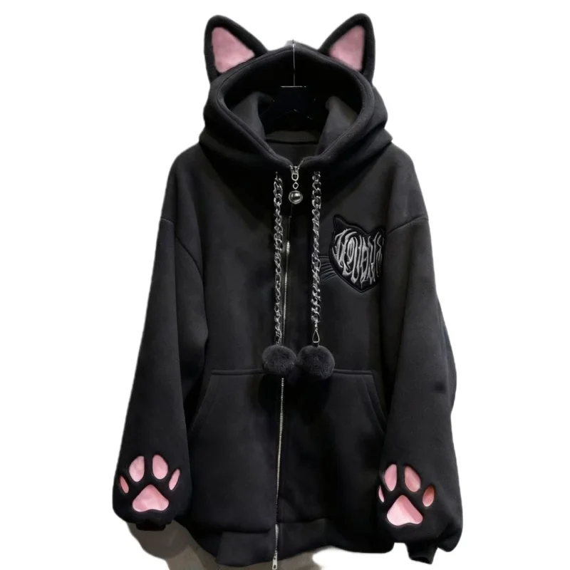 New Velvet Cute Cat Ear Women Hoodie Cat Claw Long Sleeve Coat Black Cat Punk Rock Men and Women Jackets