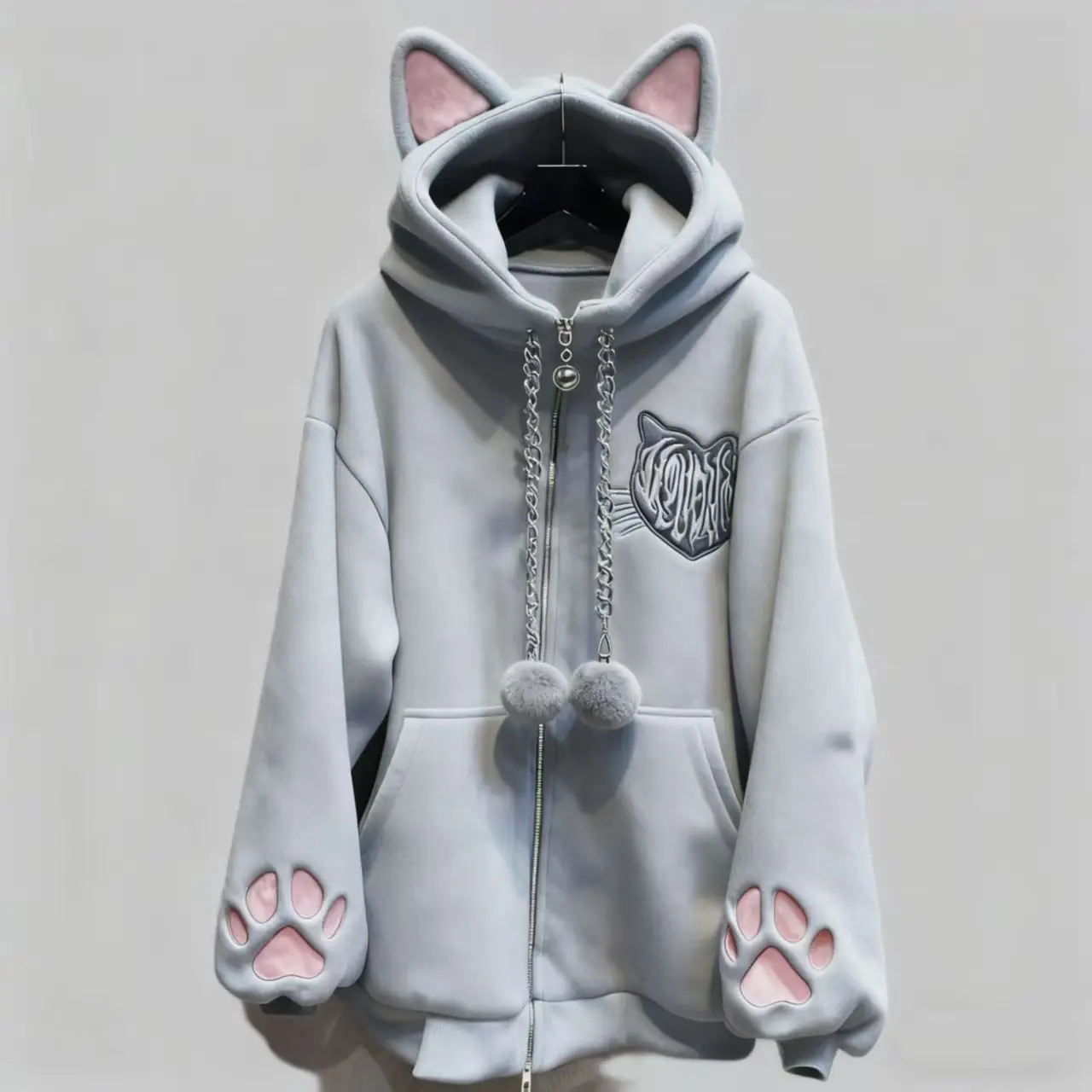 New Velvet Cute Cat Ear Women Hoodie Cat Claw Long Sleeve Coat Black Cat Punk Rock Men and Women Jackets