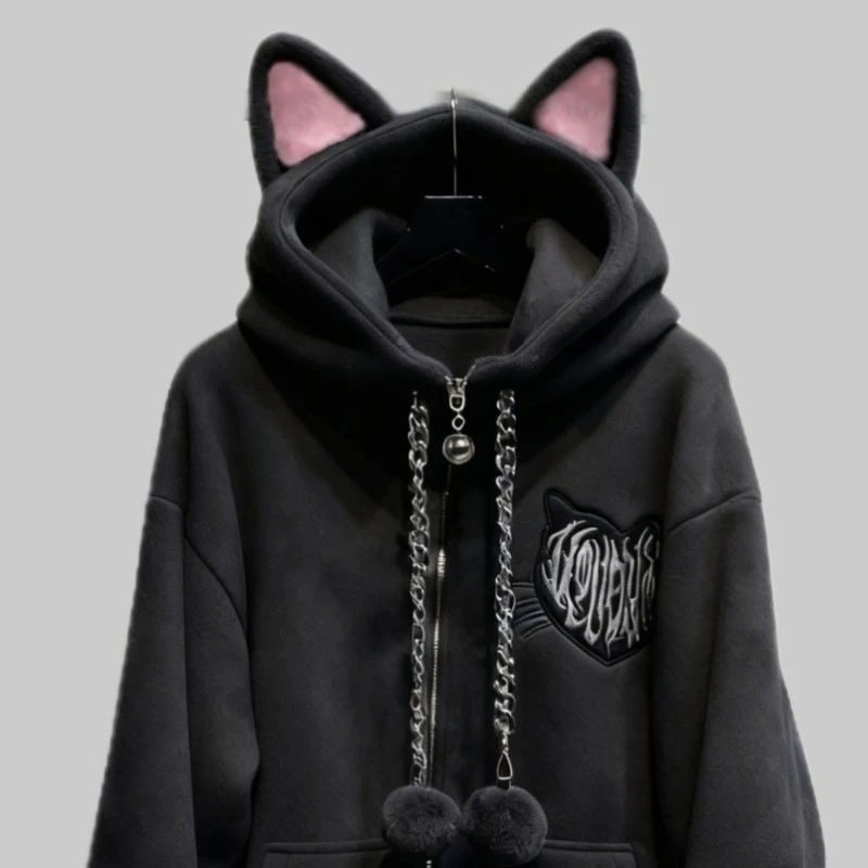 New Velvet Cute Cat Ear Women Hoodie Cat Claw Long Sleeve Coat Black Cat Punk Rock Men and Women Jackets