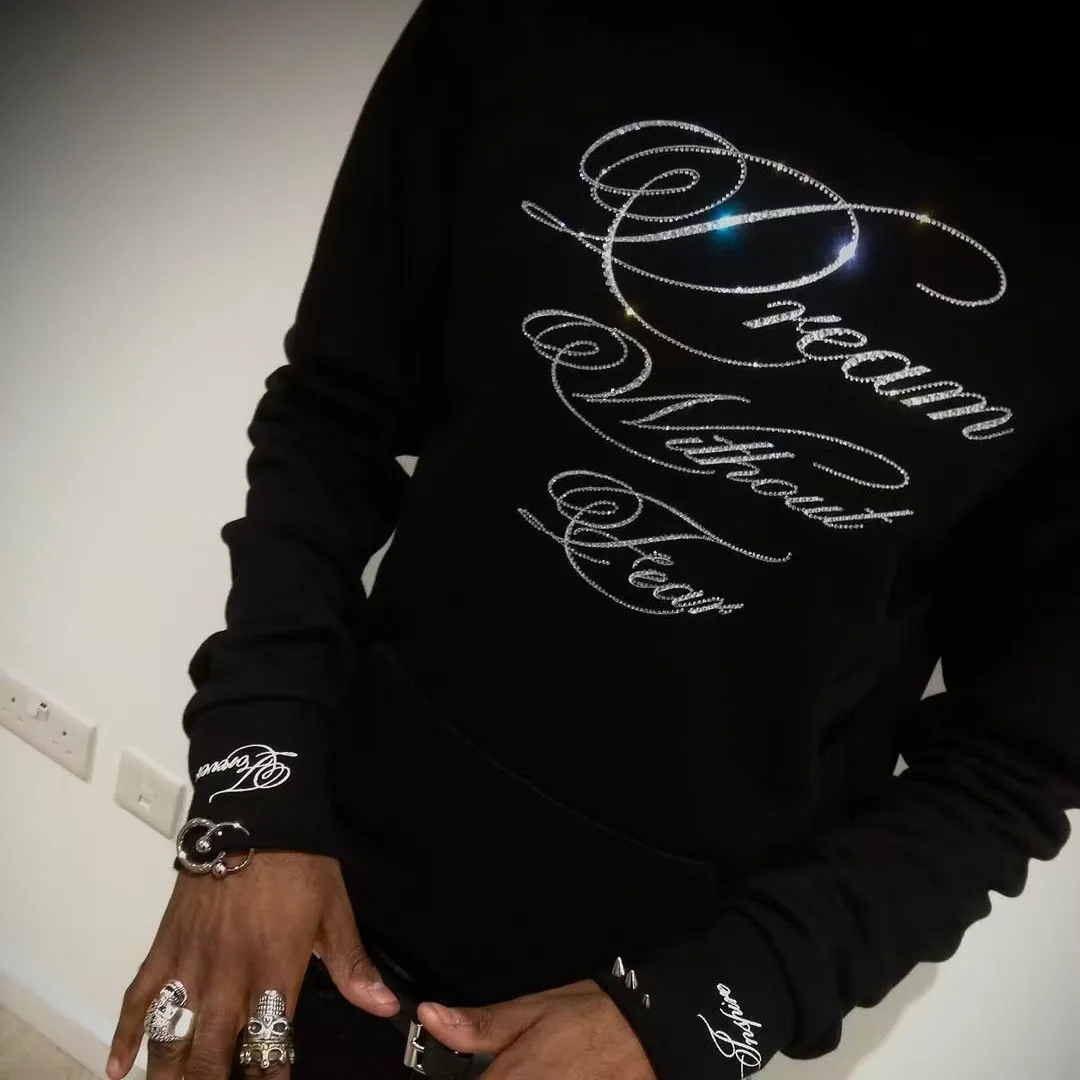 Punk Gothic Letters Hot Diamond American Retro Men and Women Pullover Hoodie Personalized Fashion Loose Casual Sweatshirt