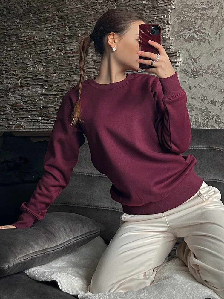 Streamgirl Basic Winter Velvet Sweatshirt For Women Fleece Pullovers Dark Gray Warm Loose Sweatshirt Women Velvet Winter Tops