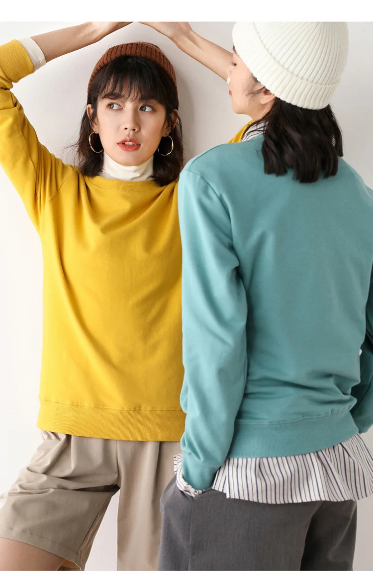 Women Sweatshirt 2025 Spring Autumn Multi-colors Fashion Korean O-neck Cotton Loose Womens Sweatshirts Vintage Solid Pullovers