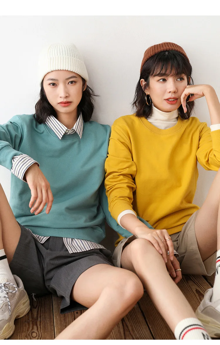 Women Sweatshirt 2025 Spring Autumn Multi-colors Fashion Korean O-neck Cotton Loose Womens Sweatshirts Vintage Solid Pullovers