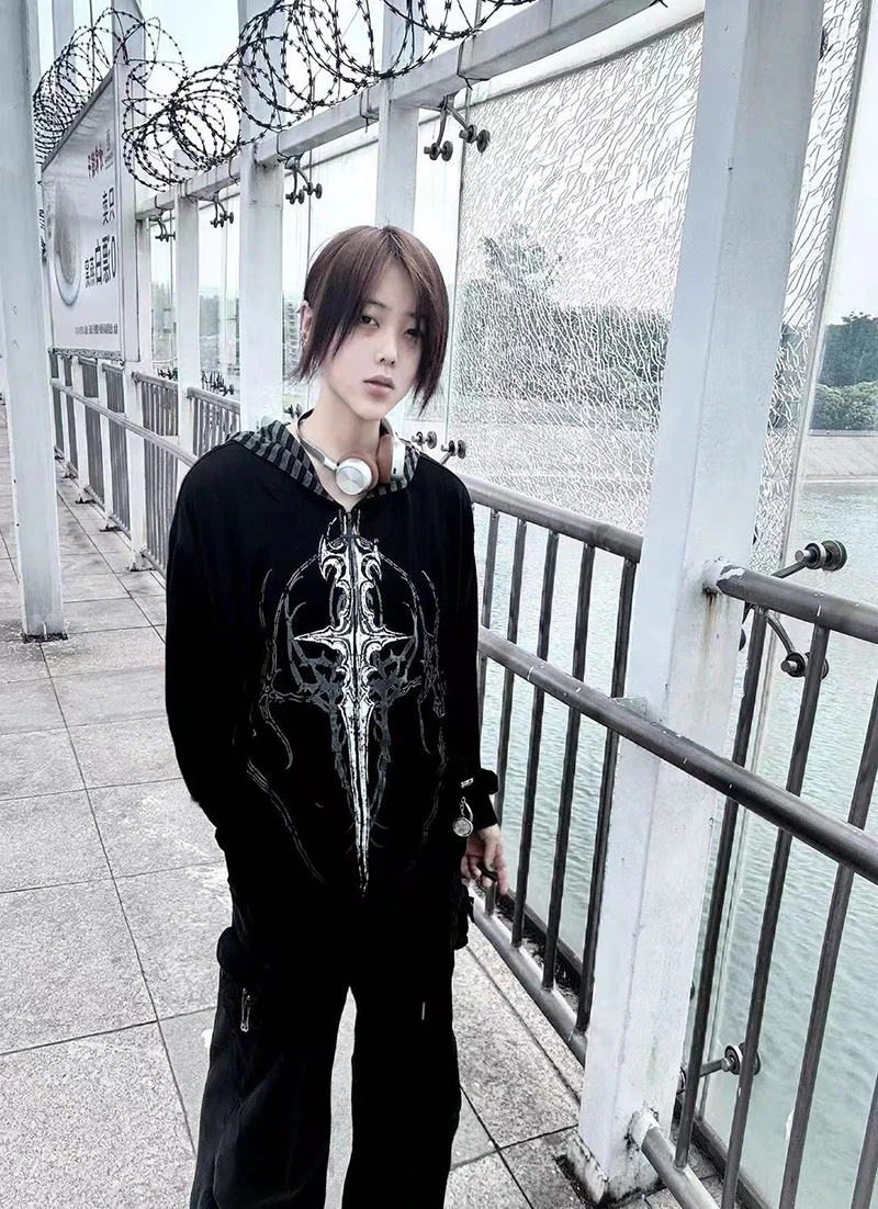 Harajuku Y2K Subculture Women Hoodie Long Sleeve Gothic Halloween Black Coat Punk Loose Spring Fall Streetwear Top