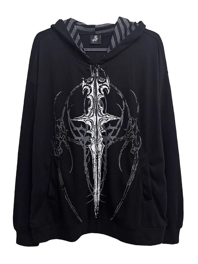 Harajuku Y2K Subculture Women Hoodie Long Sleeve Gothic Halloween Black Coat Punk Loose Spring Fall Streetwear Top