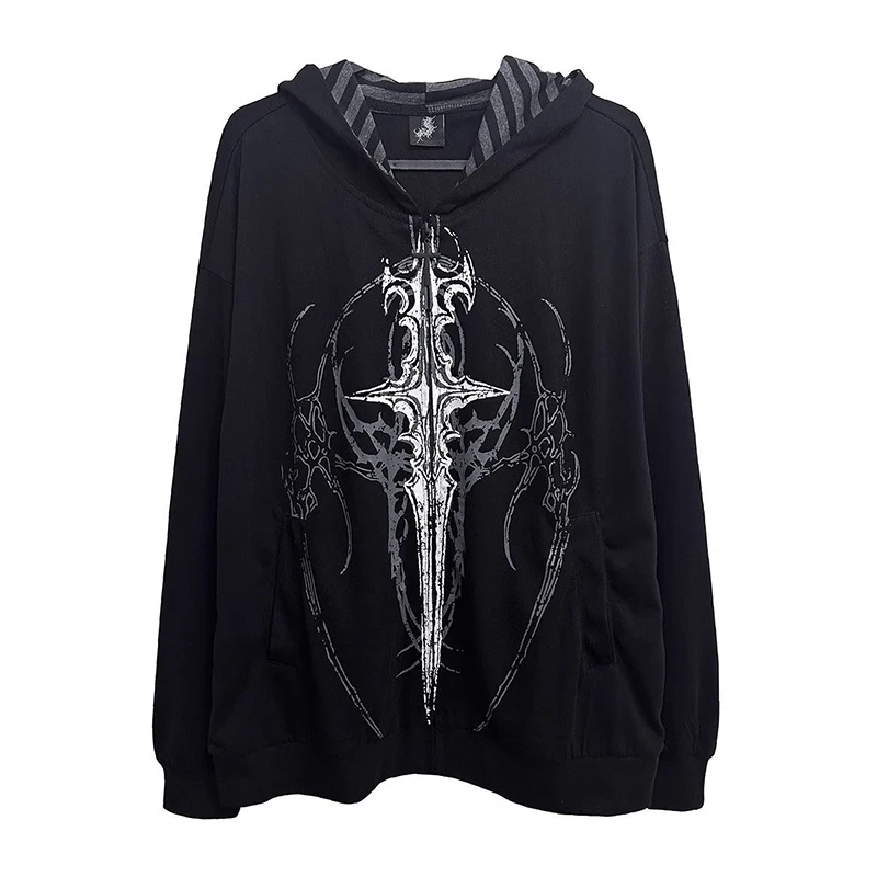 Harajuku Y2K Subculture Women Hoodie Long Sleeve Gothic Halloween Black Coat Punk Loose Spring Fall Streetwear Top