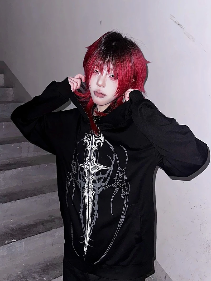 Harajuku Y2K Subculture Women Hoodie Long Sleeve Gothic Halloween Black Coat Punk Loose Spring Fall Streetwear Top