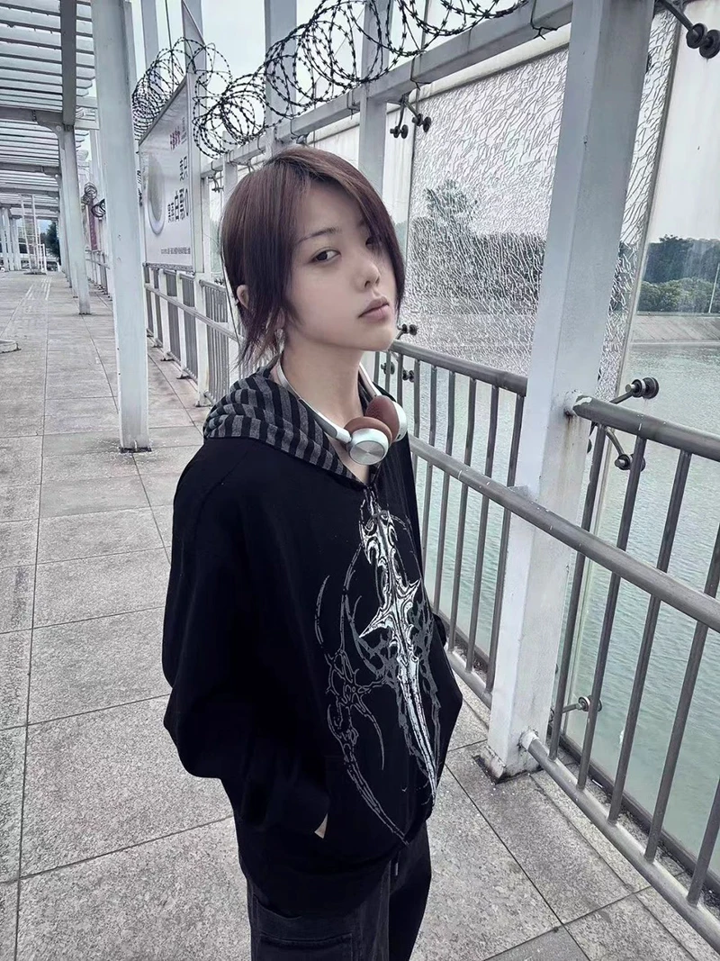 Harajuku Y2K Subculture Women Hoodie Long Sleeve Gothic Halloween Black Coat Punk Loose Spring Fall Streetwear Top