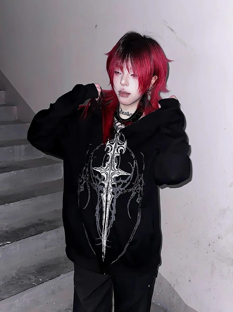 Harajuku Y2K Subculture Women Hoodie Long Sleeve Gothic Halloween Black Coat Punk Loose Spring Fall Streetwear Top