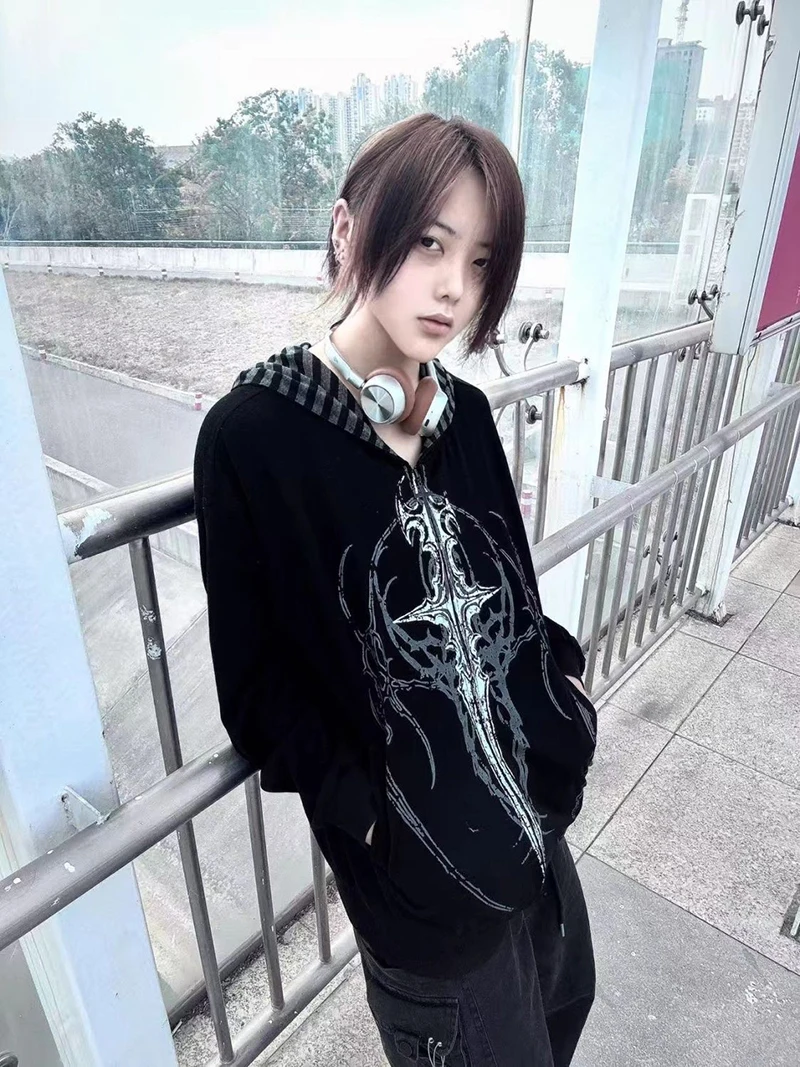 Harajuku Y2K Subculture Women Hoodie Long Sleeve Gothic Halloween Black Coat Punk Loose Spring Fall Streetwear Top