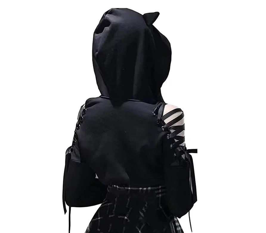 Women's Clothes Solid Color Gothic Hoddies Women's Sweatshirt Hollow Out Long Sleeve Hodded Casual Pullover Summer Autumn Y2k