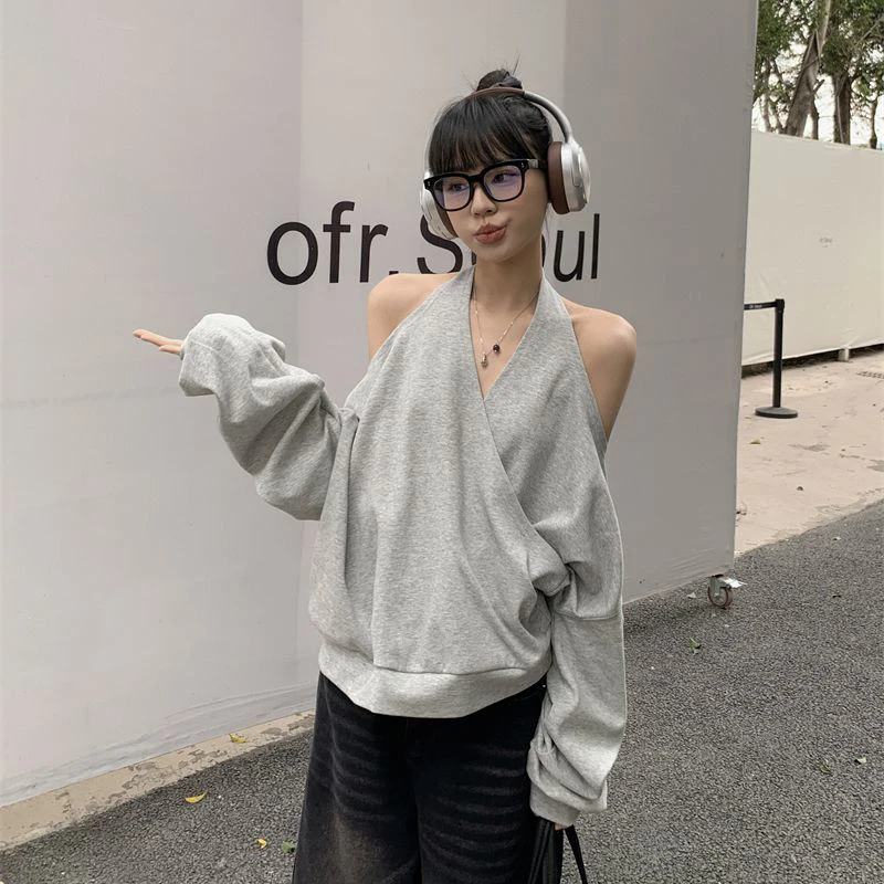 Zoki Sexy Halter Sweatshirt Women Streetwear Off Shoulder V Neck Pullovers Vintage Loose Backless Design Female Korean Tops New