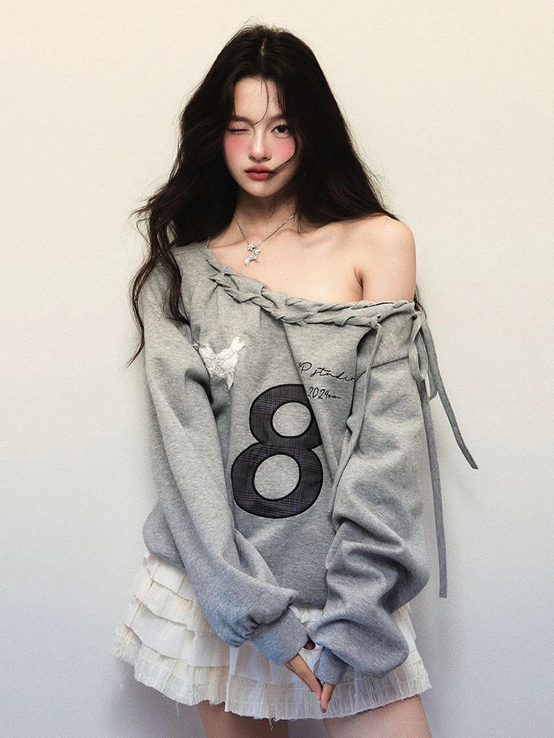 Jmprs Y2K Streetwear Gray Sweatshirts Women Off Shoulder Loose Letter Pullovers Harajuku Retro Female Casual American Tops New