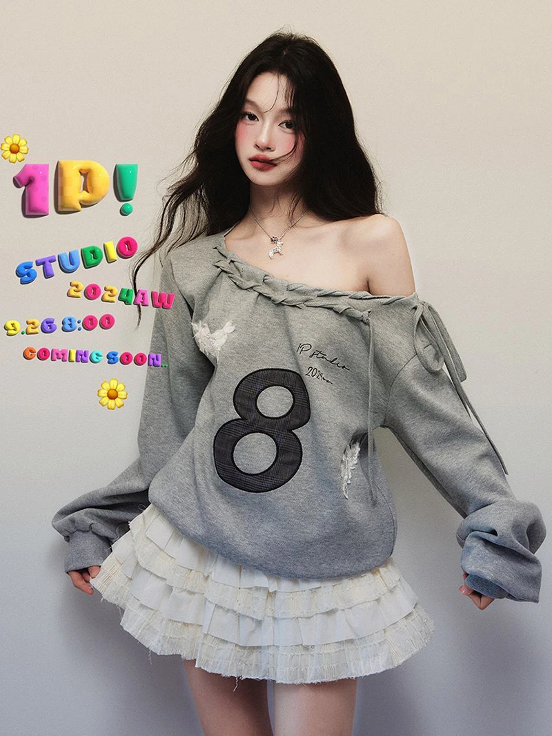 Jmprs Y2K Streetwear Gray Sweatshirts Women Off Shoulder Loose Letter Pullovers Harajuku Retro Female Casual American Tops New
