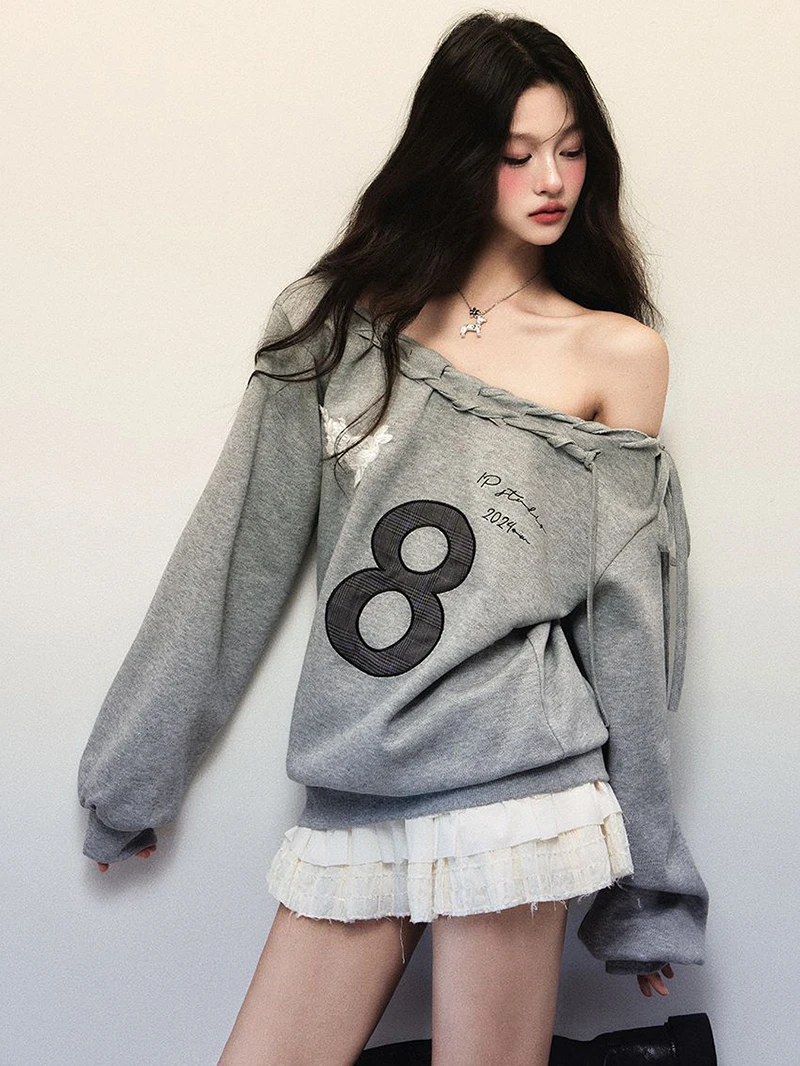Jmprs Y2K Streetwear Gray Sweatshirts Women Off Shoulder Loose Letter Pullovers Harajuku Retro Female Casual American Tops New