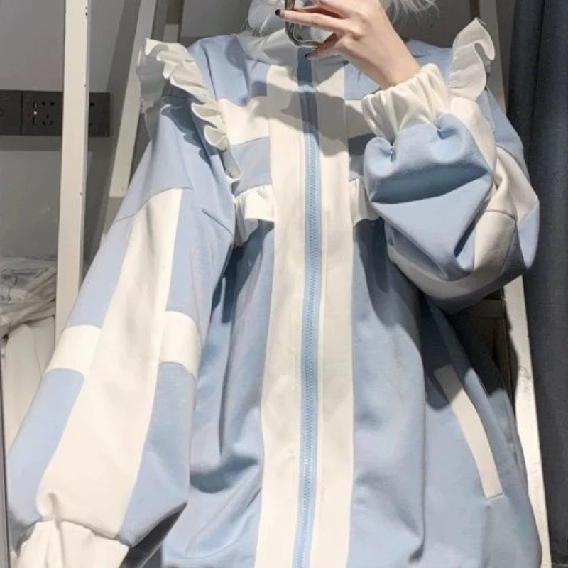 Japanese Sweet Y2k Kawaii Hoodies Loose All Match Cute Contrast Color Women Casual Coat Fashion Ruffled Fairy Zipper Sweatshirts