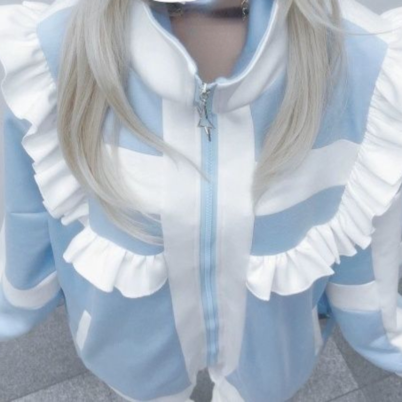 Japanese Sweet Y2k Kawaii Hoodies Loose All Match Cute Contrast Color Women Casual Coat Fashion Ruffled Fairy Zipper Sweatshirts