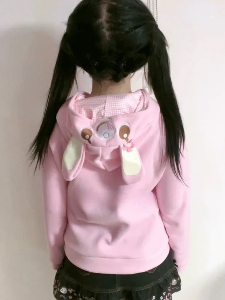Japanese Kawaii Cartoon Embroidery Pink Hoodies Women Cute Rabbit Ears Hooded Sweatshirt Y2k Aesthetic Harajuku Hoody Jacket