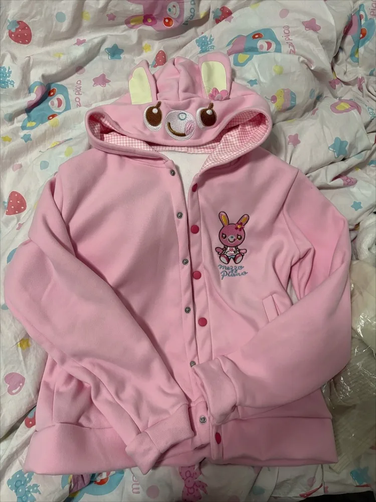 Japanese Kawaii Cartoon Embroidery Pink Hoodies Women Cute Rabbit Ears Hooded Sweatshirt Y2k Aesthetic Harajuku Hoody Jacket