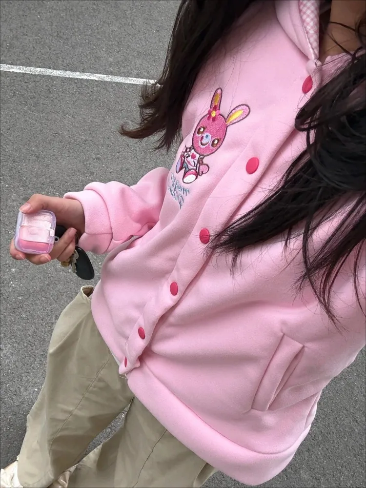 Japanese Kawaii Cartoon Embroidery Pink Hoodies Women Cute Rabbit Ears Hooded Sweatshirt Y2k Aesthetic Harajuku Hoody Jacket