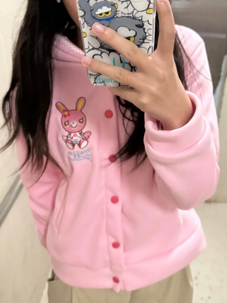 Japanese Kawaii Cartoon Embroidery Pink Hoodies Women Cute Rabbit Ears Hooded Sweatshirt Y2k Aesthetic Harajuku Hoody Jacket