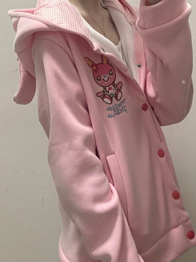 Japanese Kawaii Cartoon Embroidery Pink Hoodies Women Cute Rabbit Ears Hooded Sweatshirt Y2k Aesthetic Harajuku Hoody Jacket