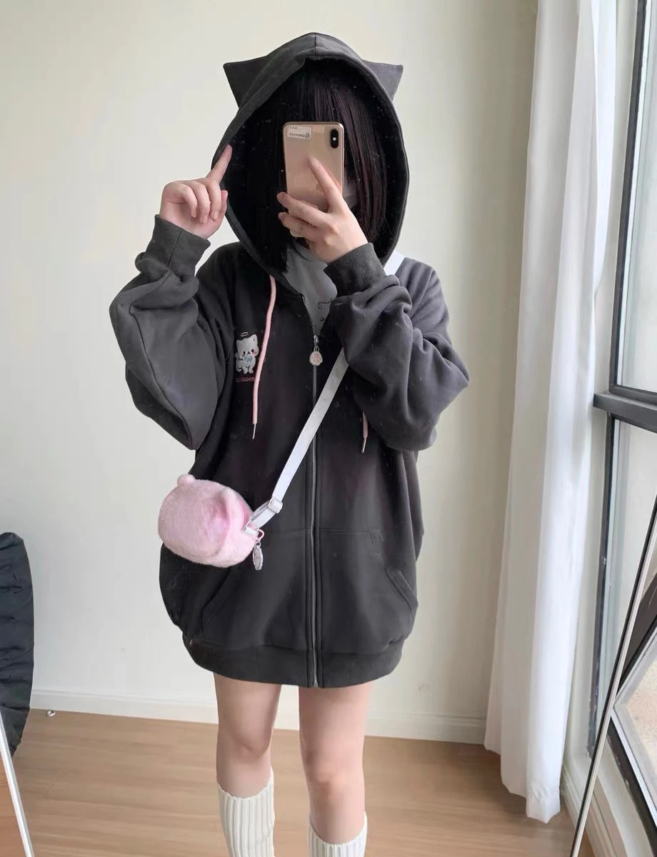 Japanese Cartoon Embroidery Y2k Aesthetics Hoodies Women Zipper Oversized Jackets 2025 Autumn Drawstring Casual Sweatshirt Tops